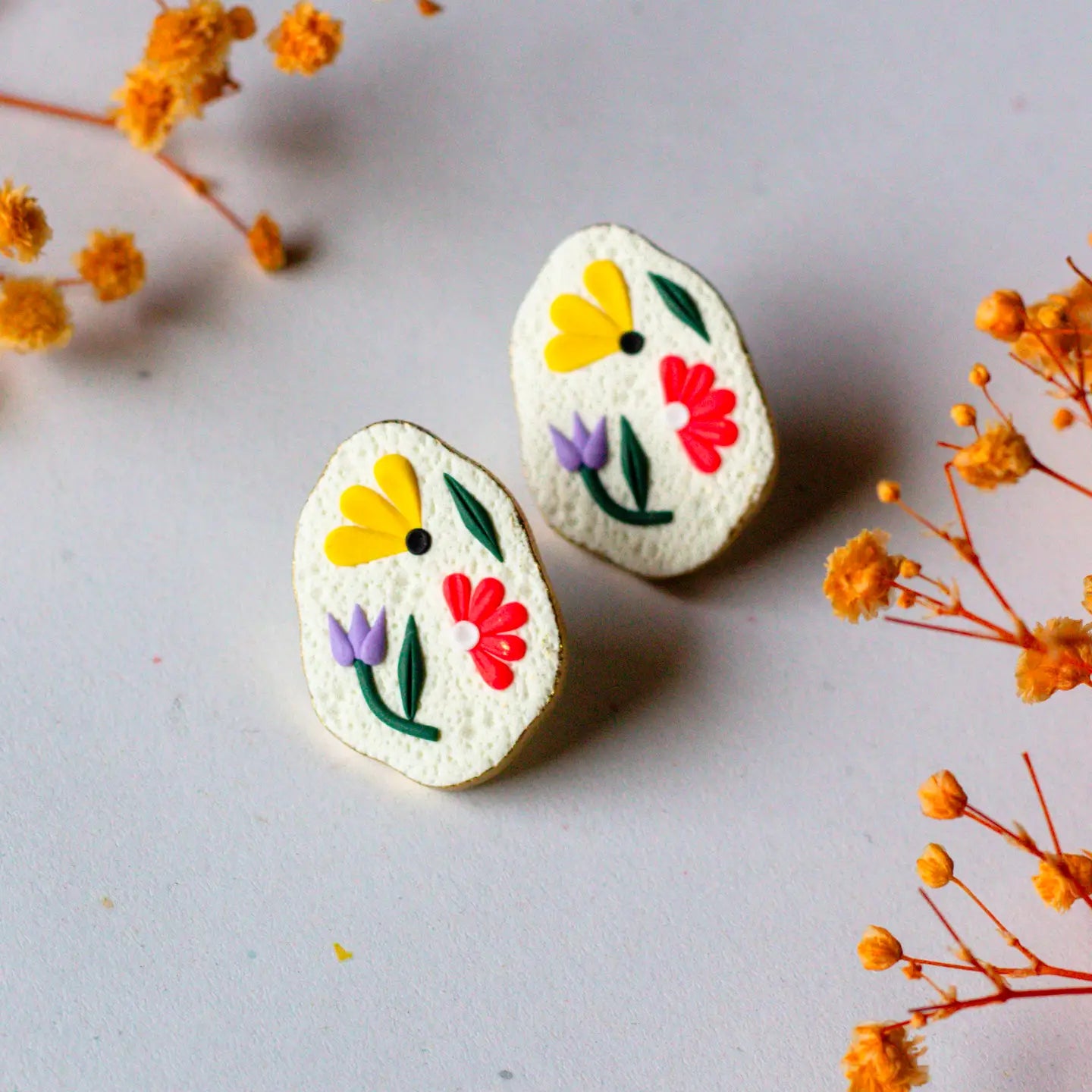 Oval Floral Stud Earrings