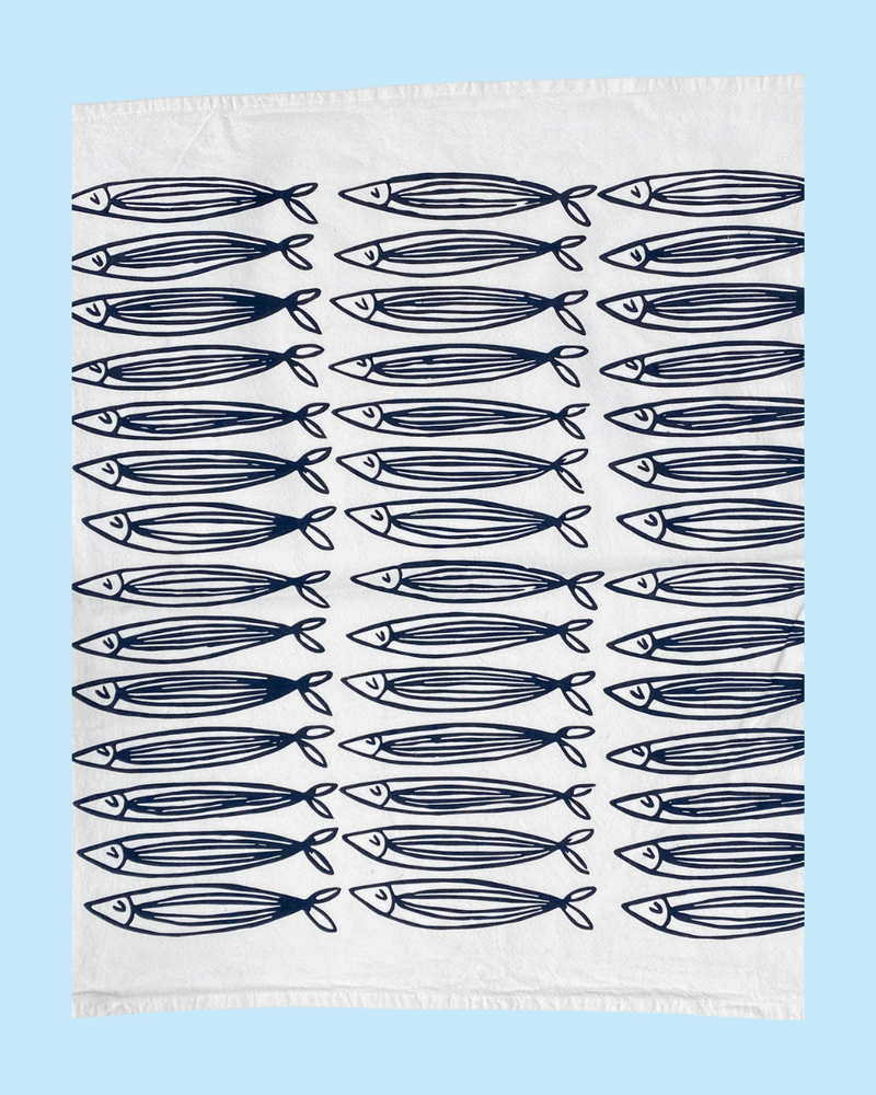 White Sardines 20" Tea Towel - Silkscreened 100% Cotton